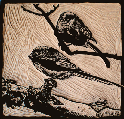 woodcut longtailed tits